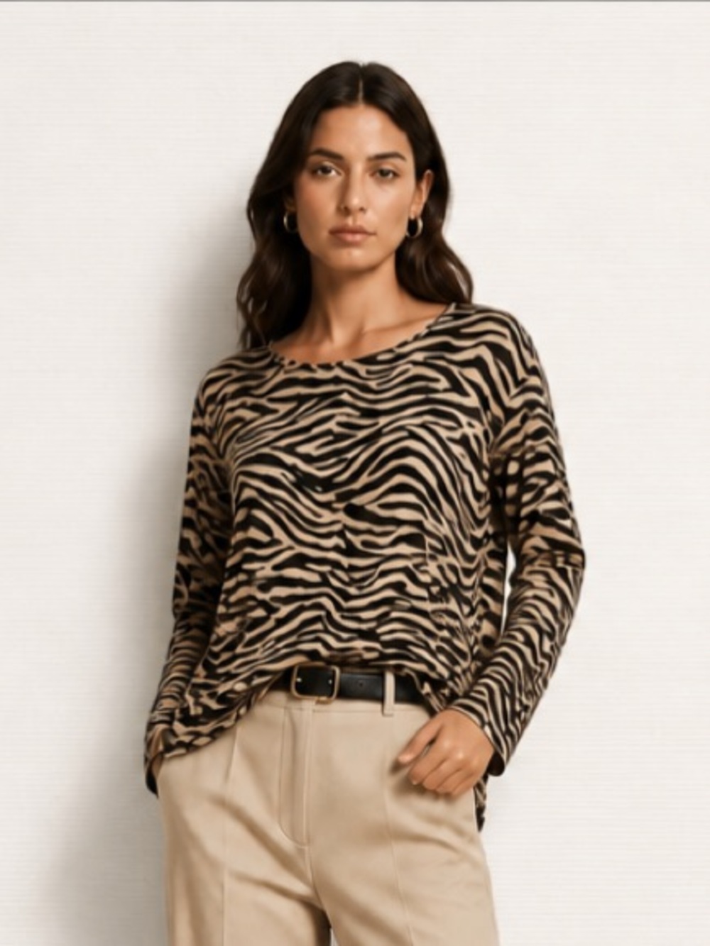 CHICOS Sweater Karina Zebra Animal Print Pullover Lightweight Brown Beige
